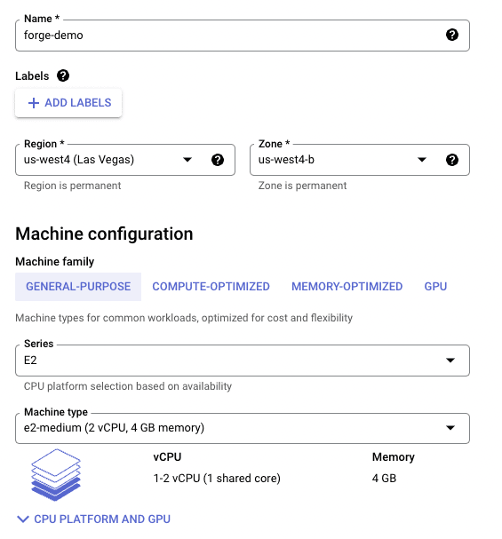 Screenshot showing the interface for creating GCP VM "Screenshot showing the interface for creating GCP VM"