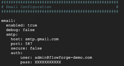 Screenshot showing email configuration in flowforge.yml "Screenshot showing email configuration in flowforge.yml"