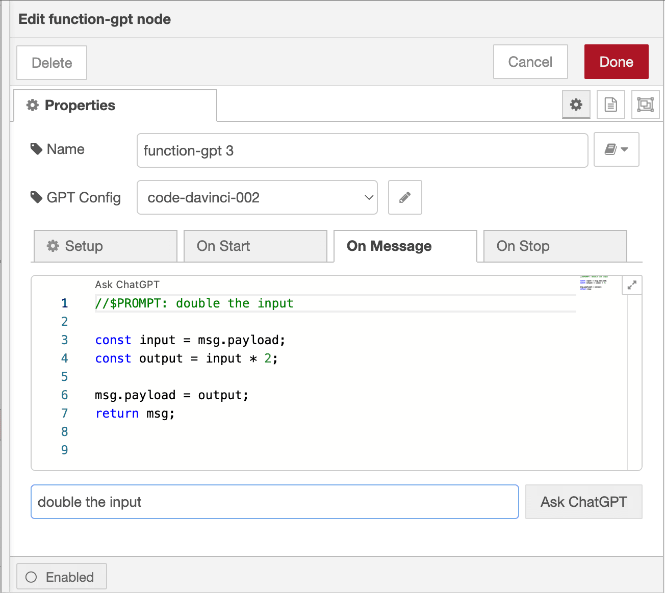 Example of Chat GPT to generate contents of a function node