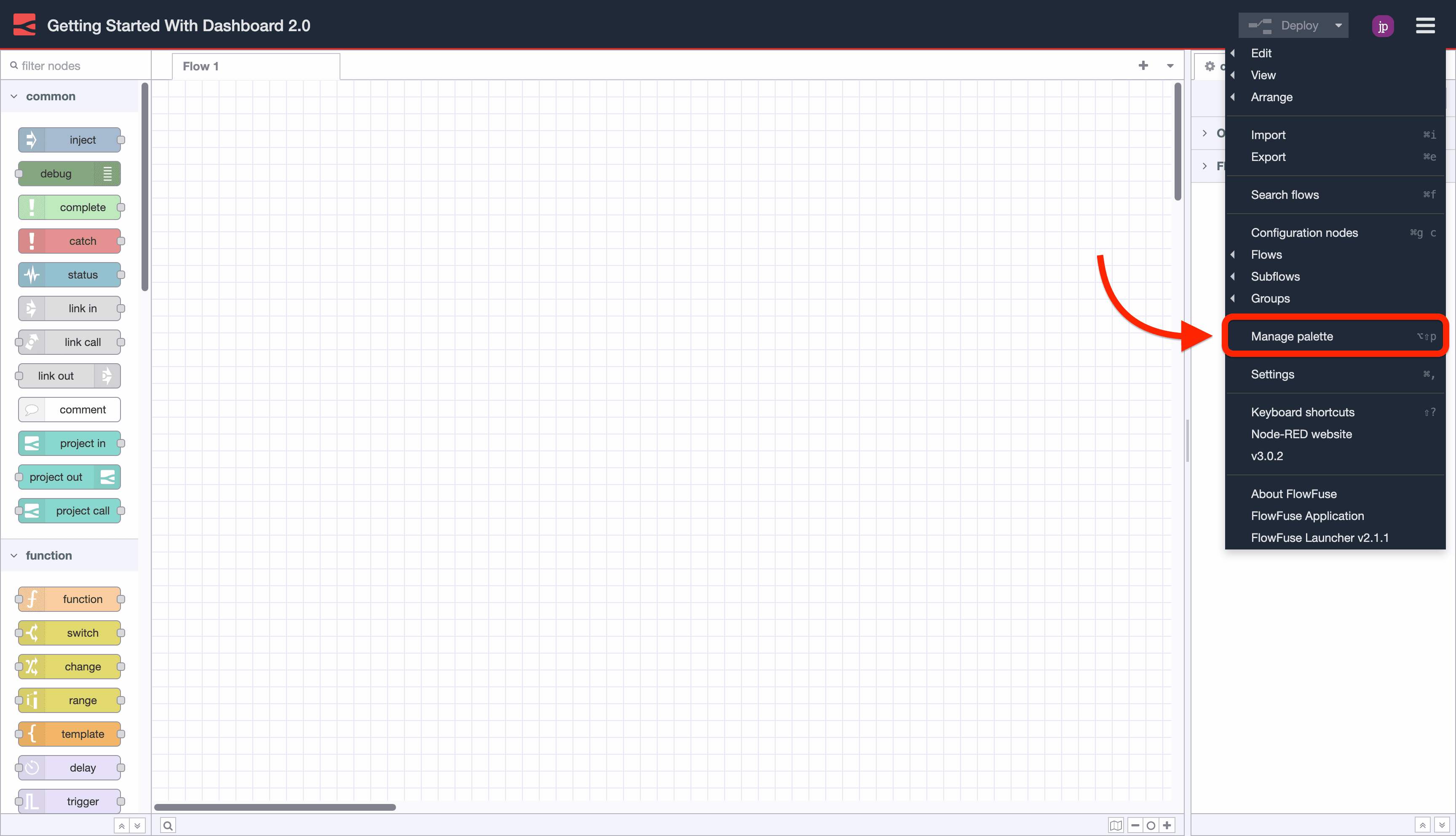 Screenshot to show where to find the "Manage Palette" option in Node-RED