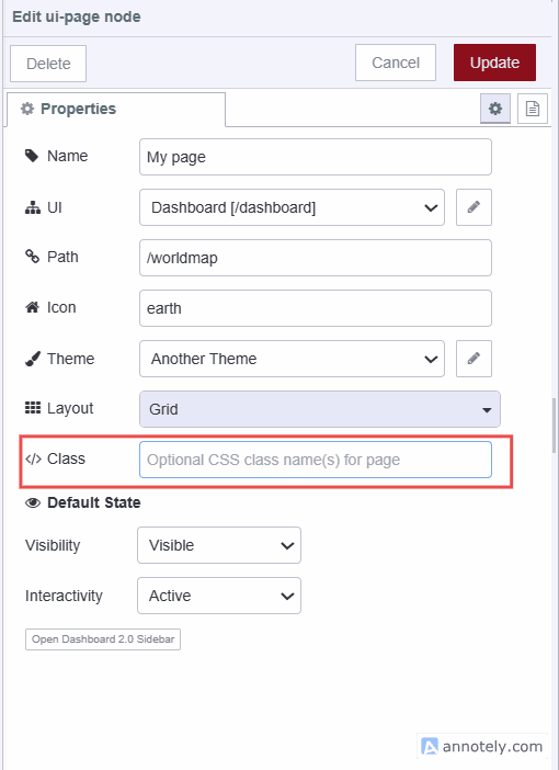 Screenshot showing the class property input field "Screenshot showing the class property input field"