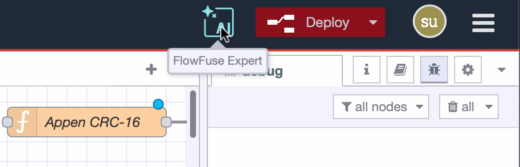 Screenshot showing the "FlowFuse Expert" button available in the Editor Toolbar