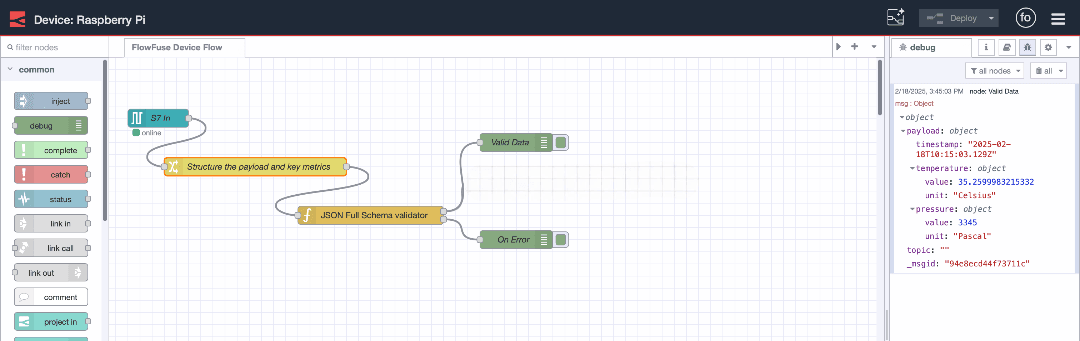 Message passes through the first output and does not include errors when it aligns with the data schema.