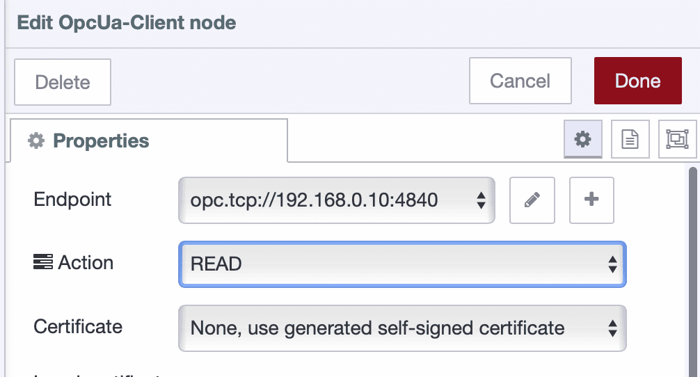 OPC UA Client node configured for reading