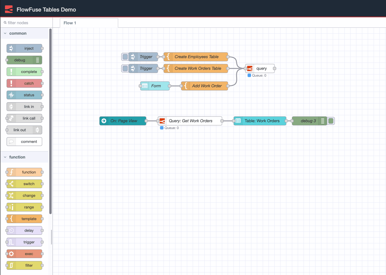 A flow in Node-RED that uses the new FlowFuse "Query" node