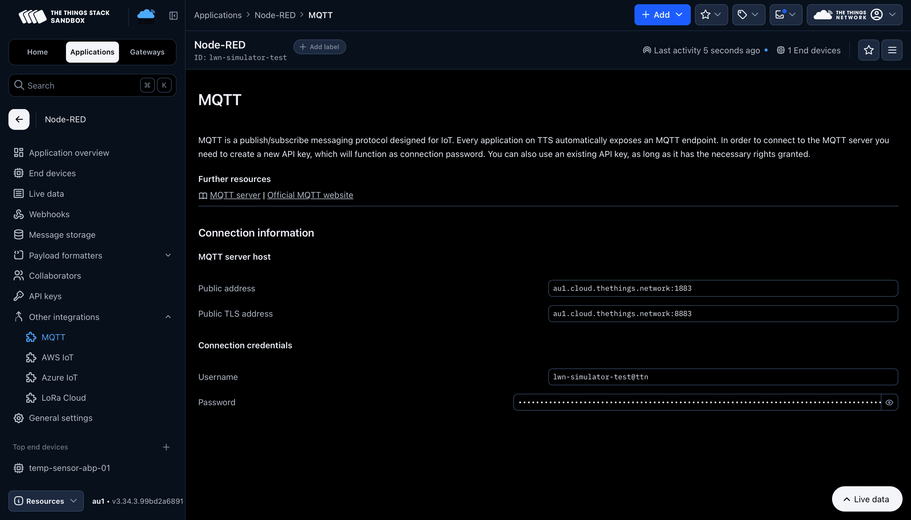 Screenshot of TTN console showing MQTT integration details including server address, port, username, and API key