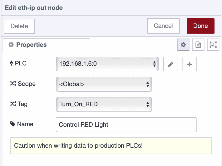Configuring the EtherNet/IP out node to write data to a PLC tag
