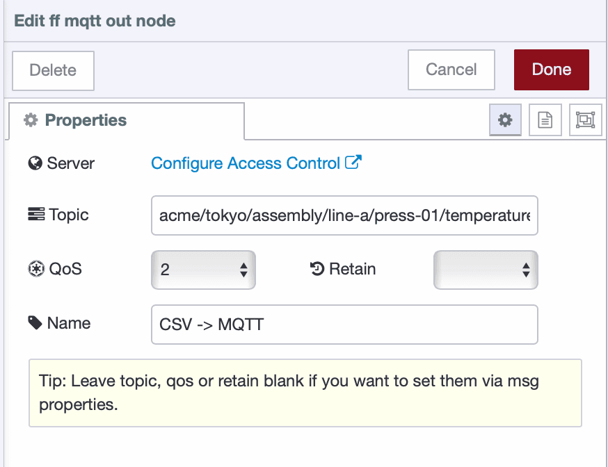 Configuring the MQTT Out node