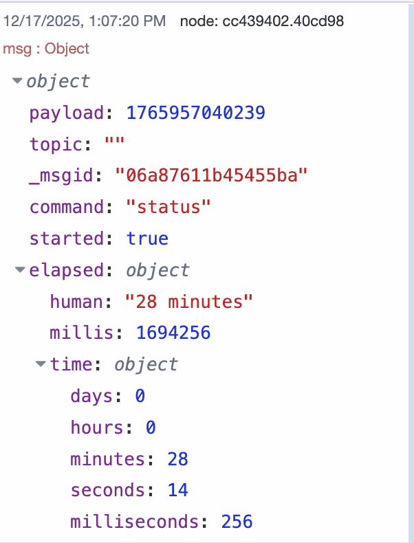 Hourglass node output message showing elapsed time in multiple formats
