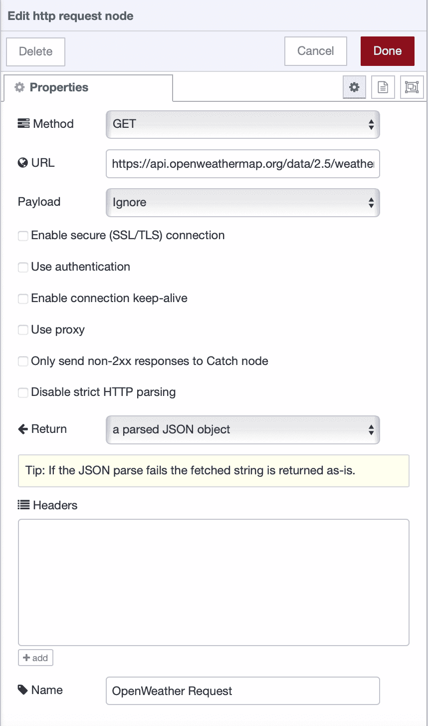 HTTP request node configured to fetch weather data from OpenWeatherMap API
