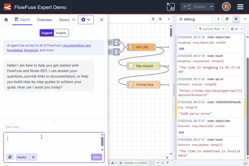 FlowFuse Expert Debug Log Context in Action