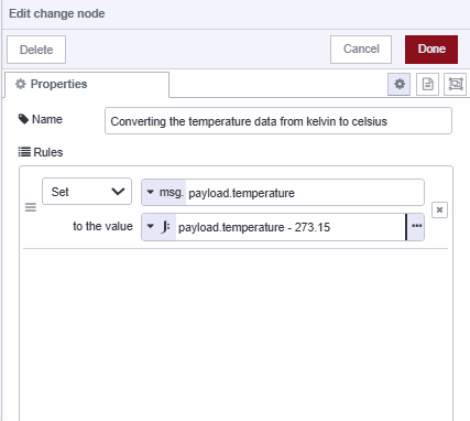 Screenshot of the change node converting temperature kelvin data from celsius "Screenshot of the change node converting temperature kelvin data from celsius"