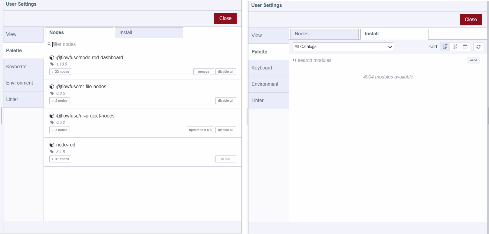 Image displaying Node-RED Palette Manager Image displaying Node-RED Palette Manager