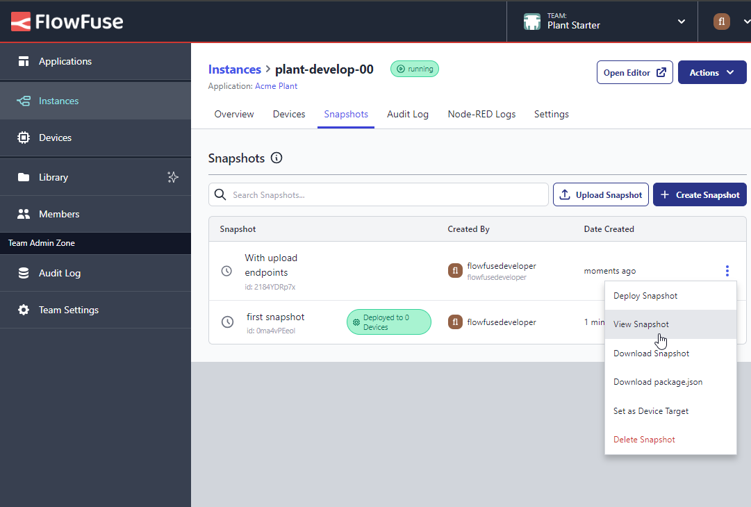 Screenshot to show the available "Actions" for a given Snapshot