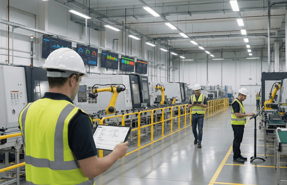 Industrial workers wearing safety vests and hard hats monitor robotic production lines using a tablet in a modern manufacturing facility.